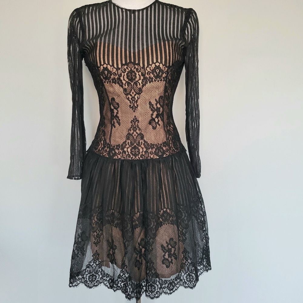VICTOR COSTA Vintage Black Tan Lace 1980s Long Sleeve Corset Midi Dress Sz 8